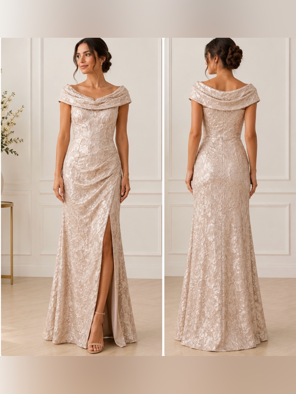 One-Shoulder Illusion Lace Gown in Champagne